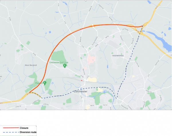 A12 Map Showing Junctions A12 Southbound Junction 30 To Junction 27 - Night Time Closure Monday June  21St To Friday June 25Th. » Dedham Parish Council