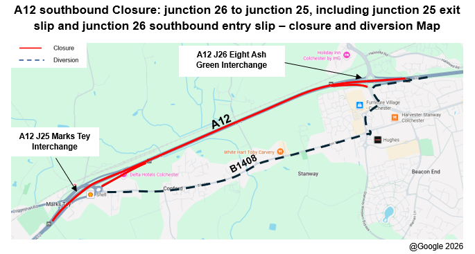 A12 SOUTHBOUND CLOSURE - THURSDAY 15TH JAN 2026